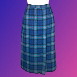 80’s Vintage Pendleton Pink Navy Blue Green Preppy Plaid Faux Wrap Wool Skirt 6